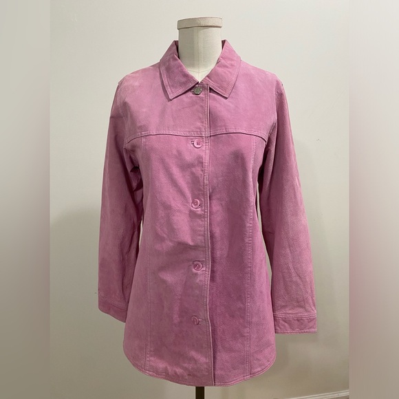 Vintage 90’s Denim and Co Pastel Pink Leather Button Down Jacket Medium - Picture 3 of 9